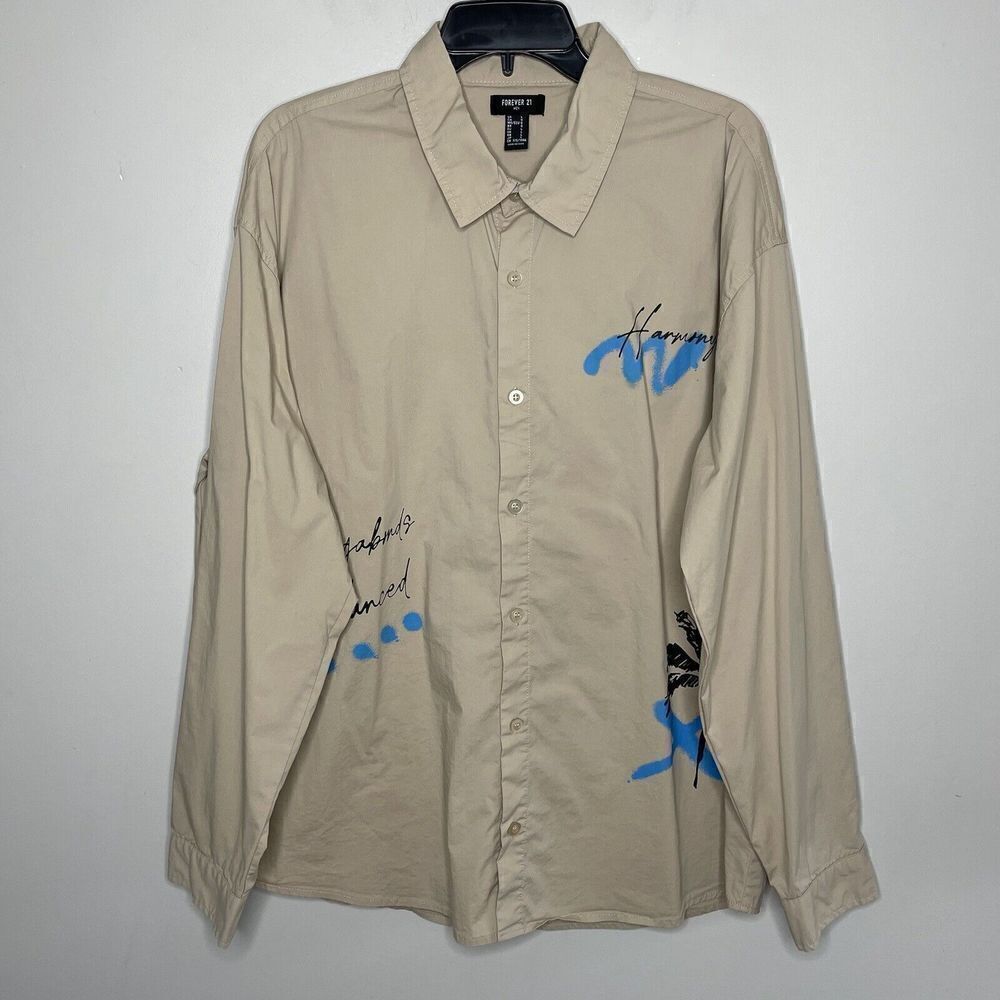 FOREVER 21 Shirt Mens Large L Khaki Tan Button-Up Graphic Design Harmony Balance